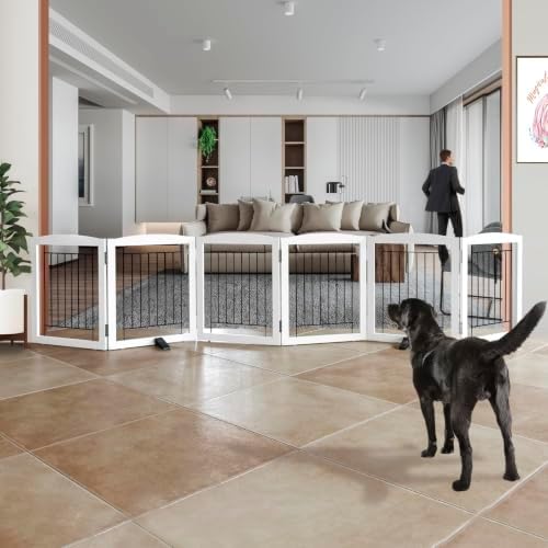 ZJSF Freestanding Dog Fence Indoor, Foldable Dog Gate for Doorways, Stairs or Hallways, Sturdy Wood Extra Wide Pet Gate with Support Feet for The House, White, 24 "Height-6 Panels by ZJSF