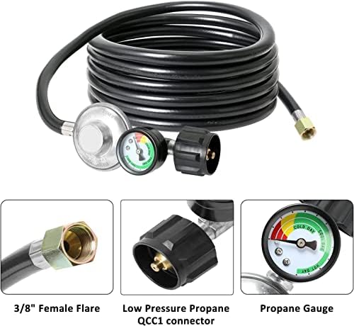 ATKKE 12ft Propane Hose Regulator with Gauge, Gas Grill Regulator with Gauge for Most LP Gas Grill, Heater, Fire Pit Table, Generator and More, 5~40 lb, 3/8 Female Flare Nut, QCC1/Type1, Low Pressure - Image 2