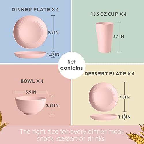 Teivio 16-Piece Kitchen Plastic Wheat Straw Dinnerware Set, Service for 4, Dinner Plates, Dessert Plate, Cereal Bowls, Cups, Unbreakable Plastic Outdoor Camping Dishes,Pink - Image 2