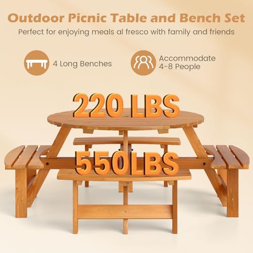 GIANTEX 8-Person Round Picnic Table Set with 4 Benches, 550 LBS Bench Capacity, 2" Umbrella Hole, Circular Outdoor Wood Dining Table & Chairs for Patio Yard Garden Porch Deck (71”x71”x28”,Yellow) - Image 5
