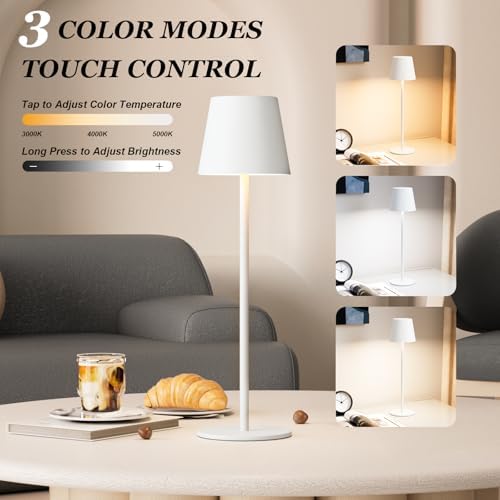 Kakanuo White Cordless Table Lamp Rechargeable - 2 Pack 5000mAH Battery Operated Lamp for Table, 3 Color Stepless Dimming Wireless Lamp for Kitchen Counter, Touch Control - Image 2