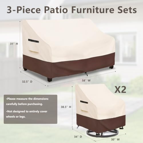 Rileytee Patio Furniture Covers Set Waterproof 3Pcs,Beige&Brown,Small - Image 2
