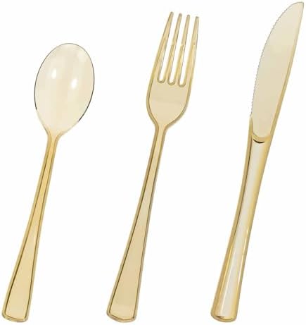HEIPINIUYE 75 Pack Brown Clear Plastic Cutlery Heavy Duty Clear Brown Plastic Knives Forks and Spoons Disposable Silverware Set for 25 Guest Camping Birthday Baby Shower Party Utensil Set by HEIPINIUYE