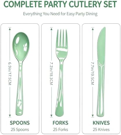 75 Pack Sage Green Heavy Duty Plastic Silverware Set, Disposable Cutlery Knives, Forks & Spoons, 25 Sets for Baby Shower, Birthday, Camping, Picnic, Wedding & Party Tableware - Image 2
