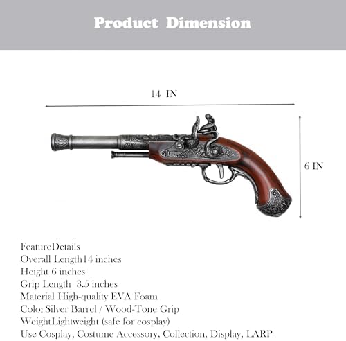 14" Collectible Foam Pirate Flintlock Replica | Historical Cosplay Prop, Safe Pirate Costume Accessory & Display Décor - Image 2