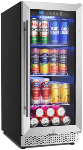 15 Inch Beverage Refrigerator, 100 Can Under Counter Beverage Fridge with Glass Door Built-in or Freestanding, Drink Fridge for Soda Beer Wine-Kitchen Bar Office by Vushine