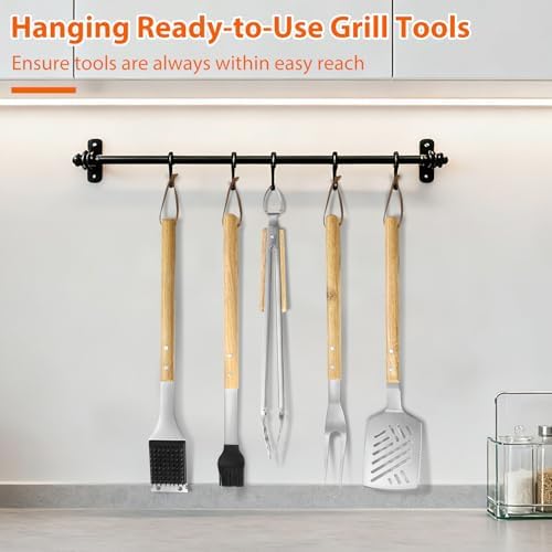 5 pcs Heavy-Duty Wooden BBQ Grilling Tools Set, Extra Thick Stainless Steel Multi-Functional Spatula, Fork, Tong, Oiling Brush & Cleaning Brush - an Excellent Barbecue Gift for Men - Image 4