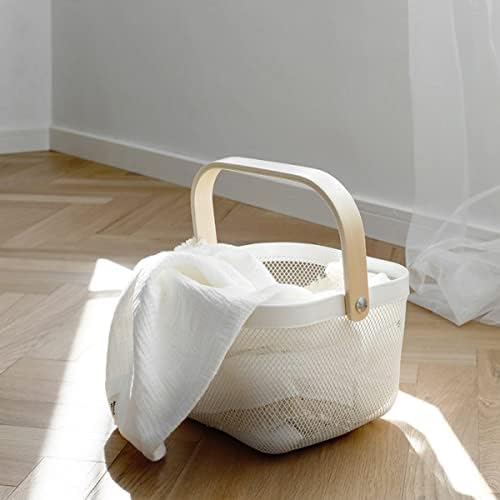 Mesh Steel Storage Organizer Basket Fruit Basket Bin with Wood Handle Ideal for Kitchen Bathroom Picnic Baskets Pantry Cabinets Storage Home Decor (White) - Image 3