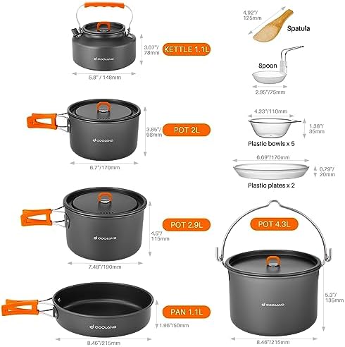 Odoland 18pcs Camping Cookware Large Size Hanging Pot Pan Kettle Set with Plastic Plates Bowls Soup Spoon for Camping, Backpacking, Outdoor Cooking and Picnic - Image 3