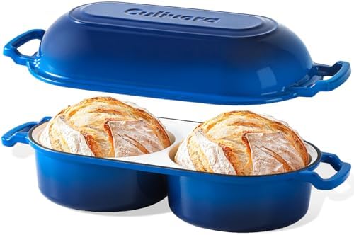 Cast Iron Bread Pan with Lid, Mini Enamel Sourdough Baking Dutch Oven Pot, Double Round Loaf Space for Homemade, Bread, Cake, Meatloaf, 16.5cm Diameter, 500°F Oven Safe, Non Stick, Blue by Culivora