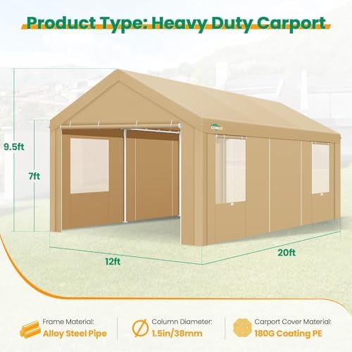 COBIZI 12x20 FT Heavy Duty Carport with Galvanized Frame - Image 2