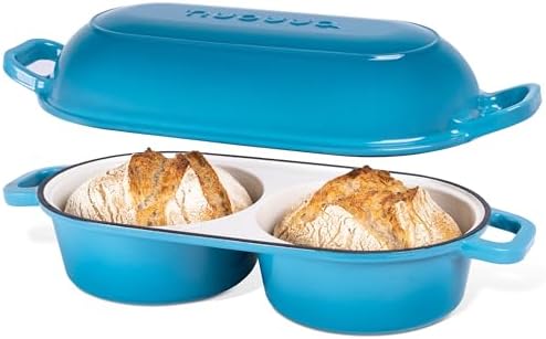 Dutch Oven For Sourdough Bread Baking – Enamelled Cast Iron Bread Loaf Pot – 500°F Oven Safe Non Stick Bread Pot – Double Round Loaf Space, 16.5cm Diameter, Light Blue, – by Nuovva by Nuovva