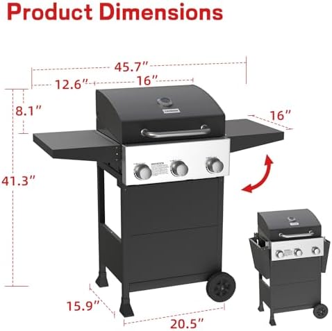 Veralune 3 Burner Gas Grill, Outdoor Propane Grill with Wheels, 445 SQ. IN - Image 6