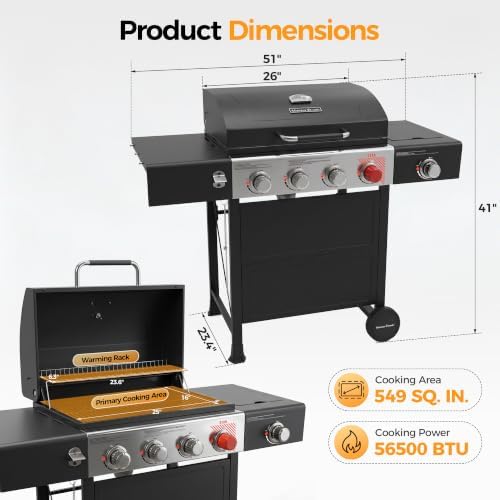 MASTER COOK 4 Burner Propane Gas Grill with Side Burner, 56,500 BTU with Sear Burner, 549 Sq.in. Cooking Area, Porcelain Enameled Grates,Stainless Steel BBQ Grills for Outdoor Cooking Patio Garden - Image 3