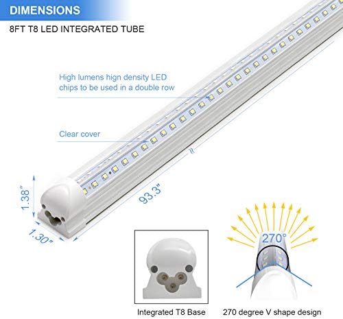 10-Pack 8ft LED Shop Light Fixture - 90W T8 Integrated LED Tube Light - 6500K 12000LM V-Shape Linkable - High Output - Clear Cover - Plug and Play - 270 Degree Lighting for Garage, Shop, Barn - Image 3