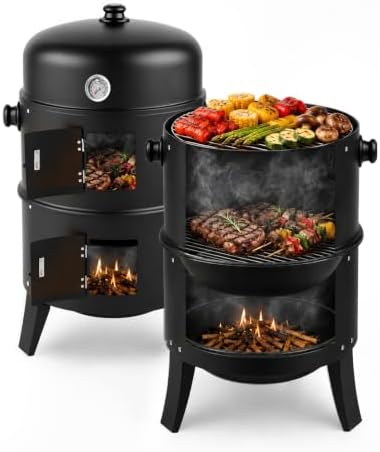 VINGLI 18 Inch Multi-Layer Charcoal BBQ Smoker Grill, Heavy Duty Round Grill, Vertical Smoker with Thermometer, for Outdoor Cooking, Patio, Parties, Backyard by VINGLI