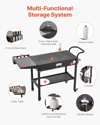 VEVOR Outdoor Grill Cart, 31.0 x 17.0 inch Tabletop Size Grilling Table, Foldable Outdoor Cooking Table with Tissue Holder, Hooks, Wheels, Side Table, BBQ Prep Tables for Picnic, Kitchen, Courtyard - Image 6