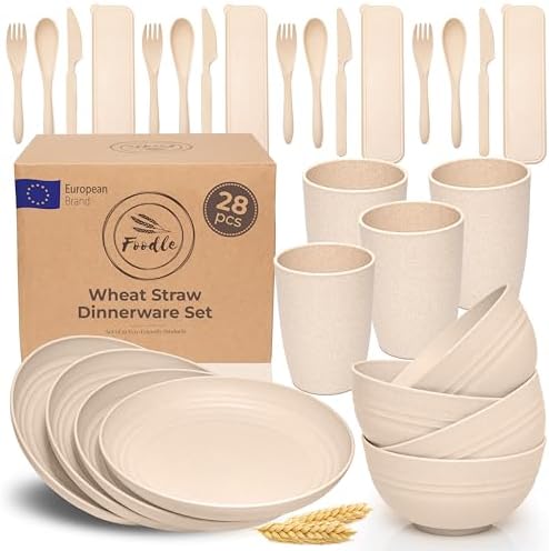 FOODLE Wheat Straw Dinnerware Set - Picnic, Camping Plates Cups and Bowls by FOODLE