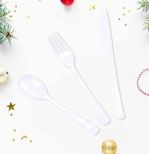 HEIPINIUYE 75 Pack White Plastic Cutlery Heavy Duty White Plastic Knives Forks and Spoons Disposable Silverware Set for 25 Guest Camping Birthday Baby Shower Party Cutlery Set - Image 4