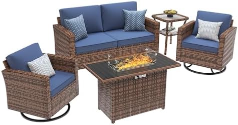 UDPATIO 5 Pieces Patio Furniture Set with Fire Pit Table, Outdoor Conversation Set with Rocking Swivel Chairs, Wicker Furniture Set with Waterproof Cover, 4'' Thickened Cushion, Navy - Image 2