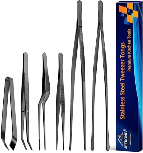 JETKONG 6 Pcs Cooking Tweezer Tongs, 12'' and 6.3" Stainless Steel Kitchen Tweezer Set, Professional Chef Tweezers for Cooking, Repairing, Sea Food, BBQ, Multi-use (Black) by JETKONG