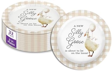 Birthday Galore Silly Goose Baby Shower - 32 Piece Disposable Party Supplies - Beige Gingham Baby Shower Decorations - Round Party Plates - Large 9" Paper Plates In Bulk by BirthdayGalore