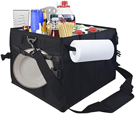 Large Capacity BBQ Tools Carry Bag, Grill Caddy with Paper Towel Holder, BBQ Grill Accessories Organizer Bag Barbecue Foods Storage Bag for Outdoor Picnic, Camper, Travel, Car, RV (Black) by Jaugufiy