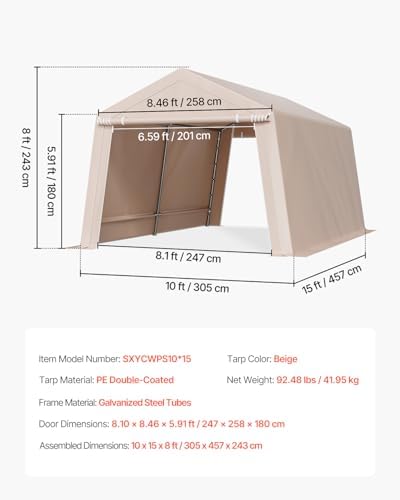 VEVOR 10 x 15 ft Outdoor Storage Shed Tent with Heavy-Duty Steel Frame, 2 Roll-Up Doors & Air Vents, Waterproof Portable Garage Carport Shelter for Motorcycle, Lawn Mower, Garden Tools, Beige - Image 7