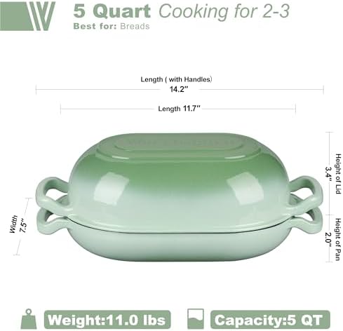 VORRINGARD Enameled Cast Iron Sourdough Bread Oven, Dutch Oven, Loaf Cast Iron Bread Pan for Homemade Bread Baking, Meatloaf Pan with Lid, 5QT, Green - Image 2