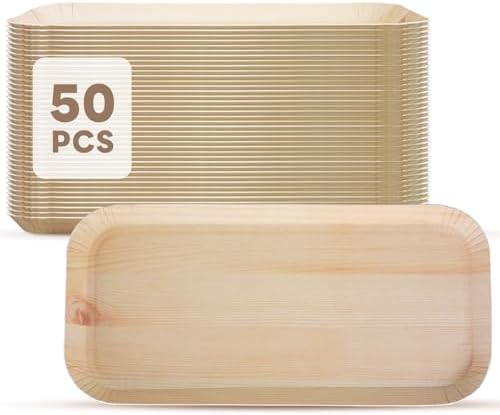 50 Pcs 10 x 5 Inch Rectangle Plates, Rustic Wood Grain Paper Plates, Disposable Serving Platters for Woodland Baby Shower, Camp Party, Birthday Party Supplies by DTFMZOV
