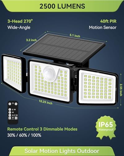 daphino 2500LM Solar Lights, Motion Sensor Outdoor Lights, 3-Head, 1 Pack - Image 2