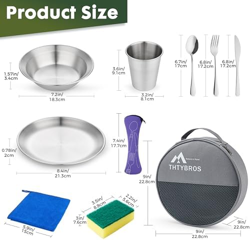 Stainless Steel Camping Mess Kit for 1-4 People,All-in-One Camping Cookware & Tableware Set with Plates,Bowls, Cups,Cutlery & Carry Bag,Outdoor Cooking Utensils for Camping,Backpacking,Hiking, Picnic - Image 2