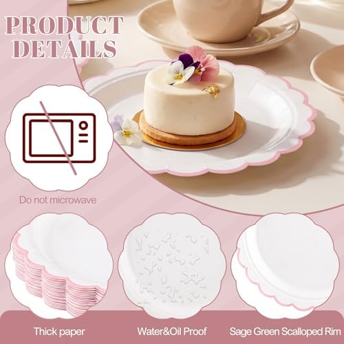 NatNarr 30 Pk Pink Paper Plates 7" Scalloped Pink White Dessert Cake Plates - Image 3