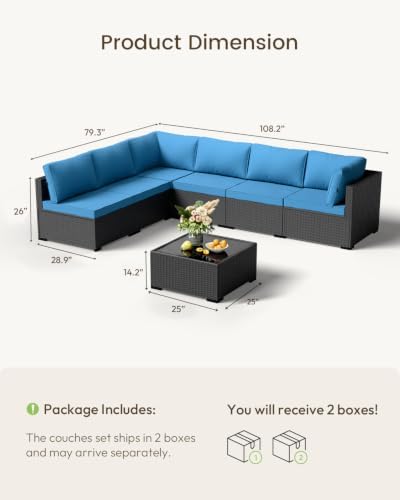 Patio Furniture Set - All-Weather - 7 Piece Patio Outdoor Conversation Set, Modular Wicker Rattan Sectional Sofa for Backyard, Garden, Poolside, Balcony, Porch, Patio,Black/Navy Blue - Image 2