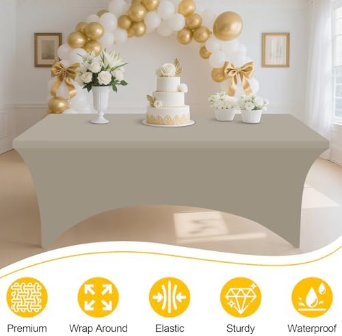 Smiry 2 Pack Spandex Table Cloth 8FT, Elastic Fitted Taupe Tablecloth - Image 3