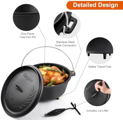 Pre-Seasoned 10QT Large Cast Iron Camping Dutch Oven Pot with Lid - Image 3