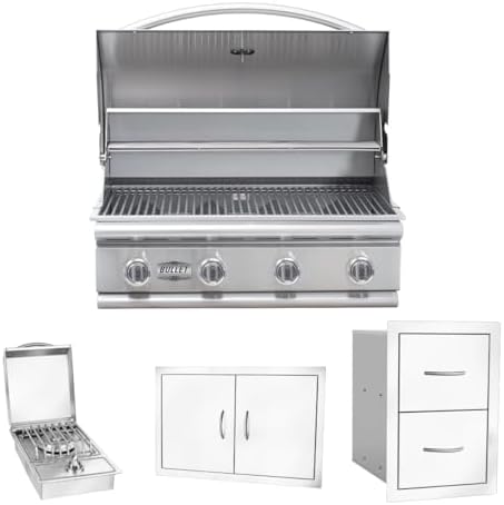 Bullet by Bull Stainless Steel Outdoor Kitchen Grill Set - Built-In Liquid Propane Grill -BBQ Kitchen Island Bundle - Includes 4 Burner Grill, Side Burner, Double Access Door & Double Storage Drawer by Unknown