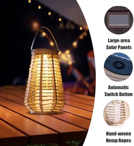 2 Pack Solar Lanterns Outdoor Waterproof, Hand-Woven Hemp Rope,10x5.5 Inch - Image 4
