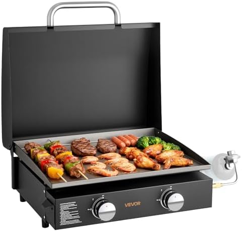 VEVOR Gas Griddle, 2 Burner Tabletop Griddle, 22 inch Portable Griddles Propane with Lid, Oil Drain Hole & Oil Collection Tray, 22000BTU Camping Flat Top Grill for Outdoor Cooking, Tailgating by VEVOR