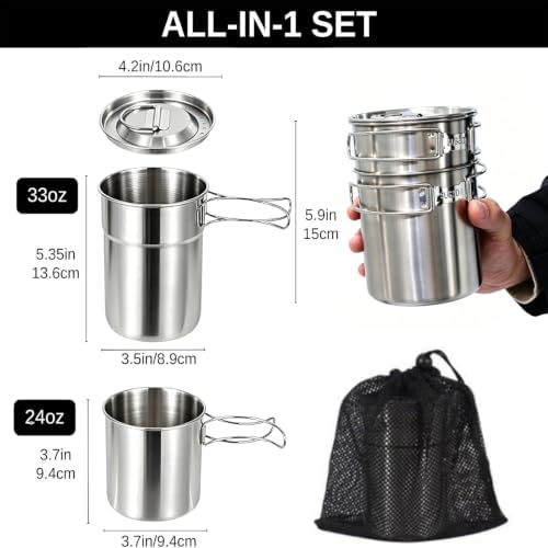 BeGrit Camping Cups Mugs Stainless Steel Camping Pot Food Grade Metal Camping Cookware with Folding Spoon, Vented Lids (5pcs) - Image 2