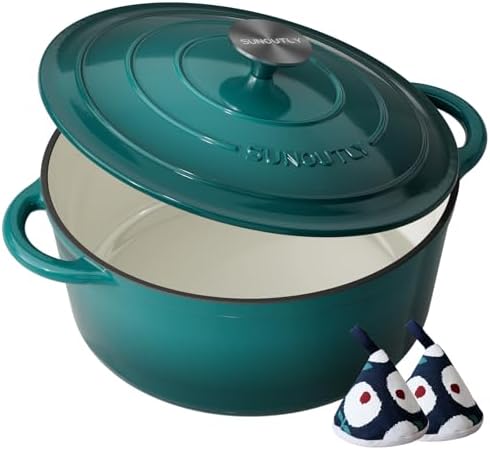 Enameled Cast Iron Dutch Oven, 7.5QT Pot with Lid, Bottle Green by SUNOUTLY