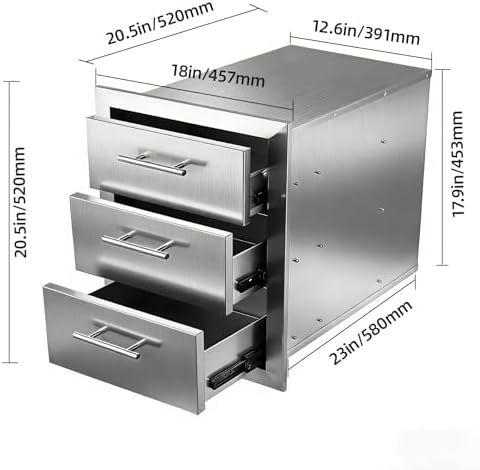 Outdoor Kitchen Drawers 18" x 20.5" x 20.5" Stainless Steel Triple Drawer Cabinet with Handles, Flush Mount Modular Storage for BBQ Islands & Patios - Image 7