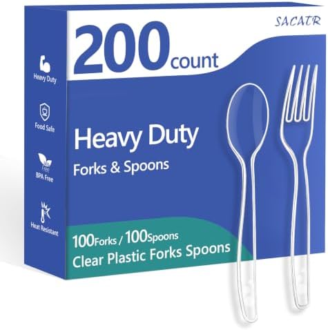 SACATR 200 Count Clear Plastic Silverware Heavy Duty -100 Forks, 100 Spoons by SACATR