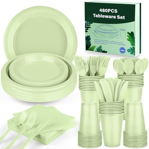 Kochorie 480 Pieces Sage Green Plastic Dinnerware Set Disposable Heavy Duty Plates Napkins Cups Silverware Dessert Dinner Plates for Birthday Wedding Baby Shower Party Supplies, Serves 60 Guests - Image 4