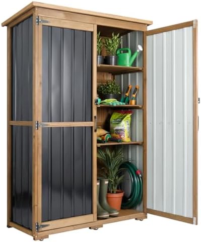 Outdoor Storage Cabinet with Shelves, Wood & Metal Storage Shed with Weatherproof Roof, 3 Removable Shelves, Lockable Doors, Adjustable Feet, Outside Storage Cabinet for Garage, Patio, Backyard by MayugardeningPetfurniture