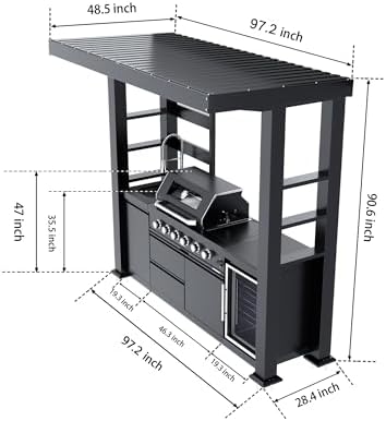 97-Inch 4-Burner 72000 BTU Propane Gas Grill Island with Shed, 304 Stainless Steel Black, Wine Cooler, Rotisserie & Granite Countertops for Backyard BBQ, Black - Image 2