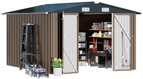 COMHOMA Shed Outdoor Storage Shed Metal,Lockable Doors Tool Sheds with Sloping Roof,Steel Garden Shed with Air Vent for Backyard,Patio,Lawn,Poolside (Brown, 10'x12') - Image 4