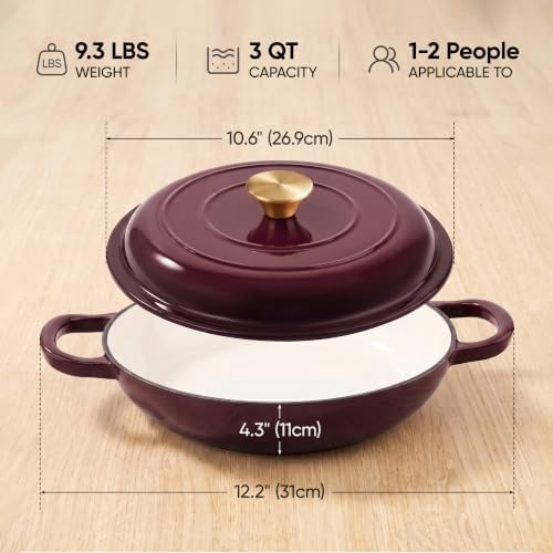 Dutch Oven Enameled Cast Iron with Lid - Big Dual Handles - Oven Safe up to 500°F - Classic Round Pot for Versatile Cooking 3 QT Shallow Pot Fig - Image 2