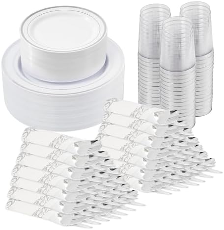 Fijinhom 350Pcs Silver Disposable Plates, Plastic Plastic Set for 50 Guests by Fijinhom