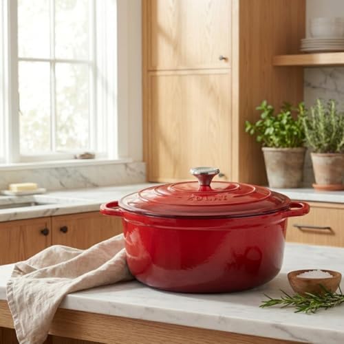 Zulay Kitchen 5 Quart Enameled Cast Iron Dutch Oven Pot with Lid – Premium Durability & Oven Safe up to 500°F – Heavy Duty Cookware Perfect for Bread Baking, Stews, Braising & Roasting – Ablaze Red - Image 2